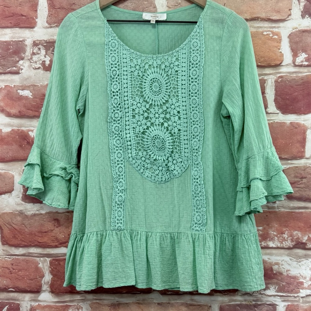Entro Top Women's Small Green Boho Floral Crochet Embroidered Casual Shirt